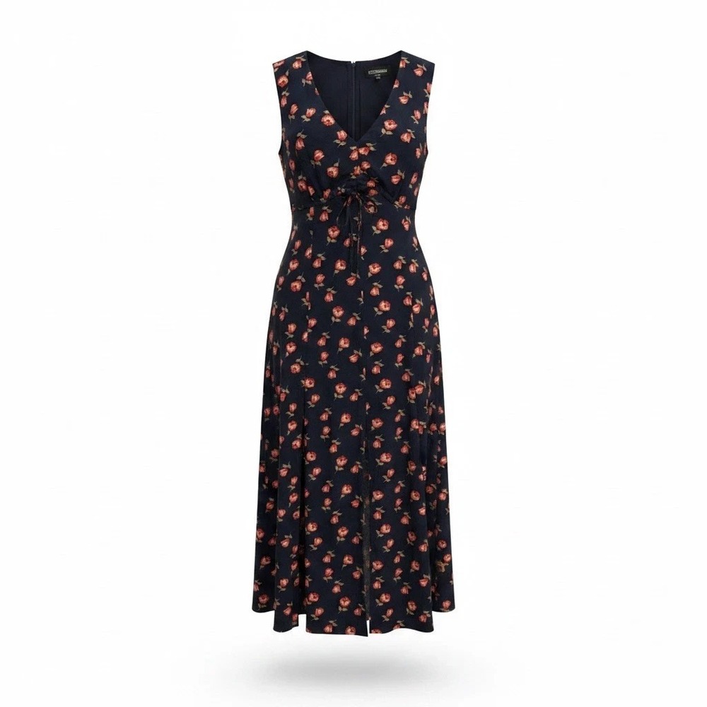 Kittenish Navy Blue Floral Maxi Dress With Red Flowers Size XL Summer Sun Dress